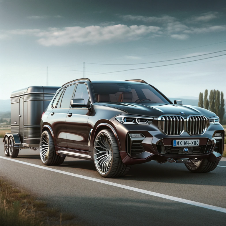 DALL·E 2023-12-21 13.08.49 - A luxury SUV inspired by the BMW X5, with elegant lines and a robust body, but viewed from a further distance to capture more of its surroundings. The