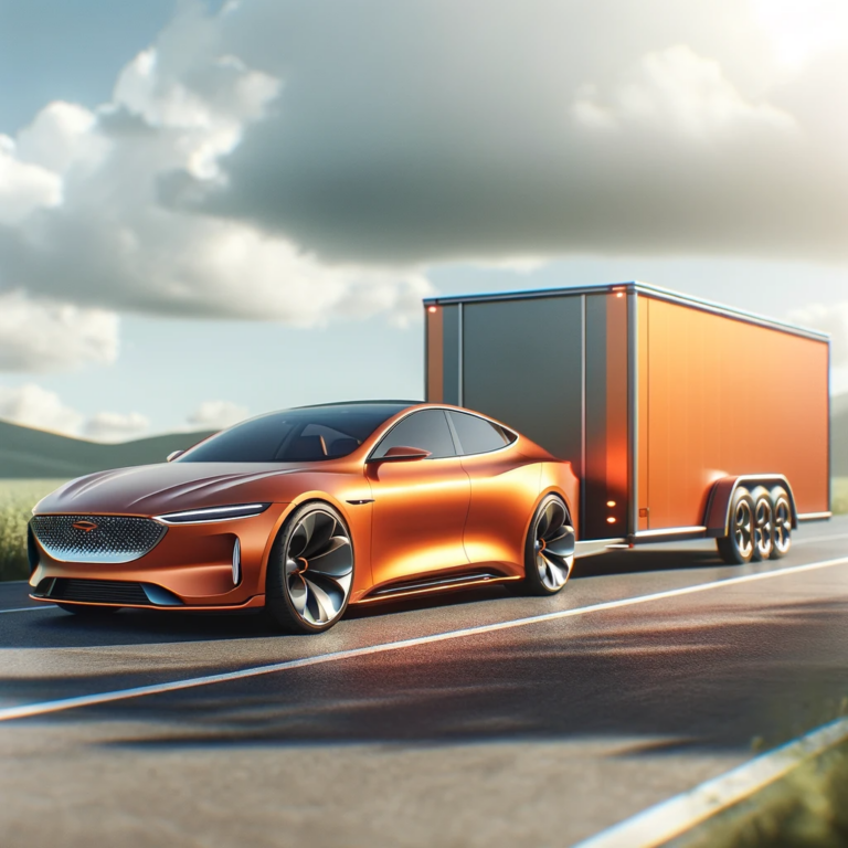 DALL·E 2023-12-21 13.41.53 - An orange modern sedan with a trailer attached at the back, parked on the side of a road surrounded by a light green landscape. The car has an elegant