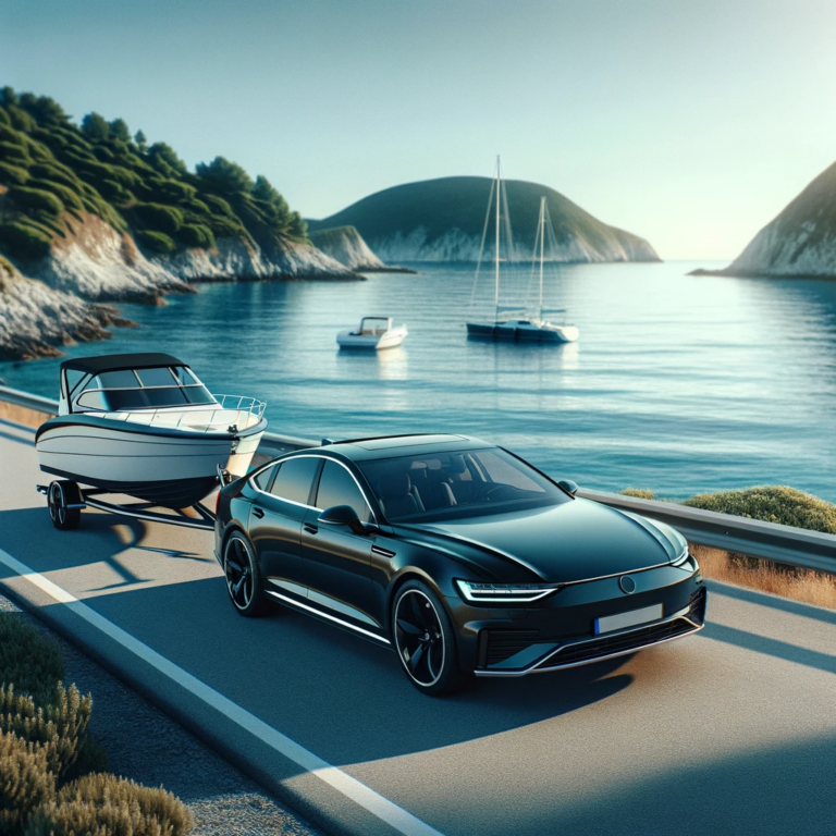 DALL·E 2023-12-21 13.45.15 - A black modern car towing a trailer with a white boat, located by the seaside. The car is positioned on a coastal road with the sea in the background,