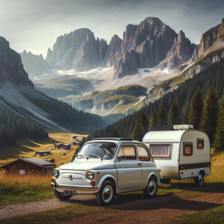 DALL·E 2023-12-21 13.46.21 - A white, small Fiat 125 with a camping trailer, set in the Italian Alps. The scene captures the classic car and its trailer parked in a picturesque mo