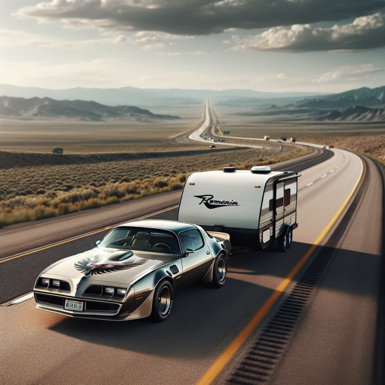 DALL·E 2023-12-21 13.47.57 - A Pontiac Trans Am towing a camping trailer, cruising on an American highway. The scene captures the iconic car with its trailer on a long, straight s