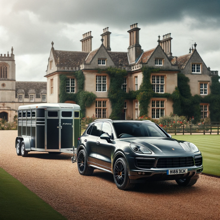 DALL·E 2023-12-21 13.49.22 - A Porsche Cayenne towing a horse trailer, parked near a British estate. The scene shows the luxurious SUV with the trailer in front of an elegant, tra