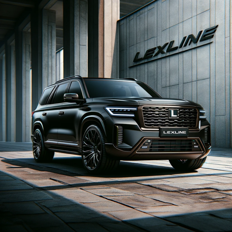 DALL·E 2023-12-21 18.29.25 - A dark-colored SUV with the custom inscription 'Lexline'. The SUV has a robust and modern design, with a deep, dark color that gives it an elegant and